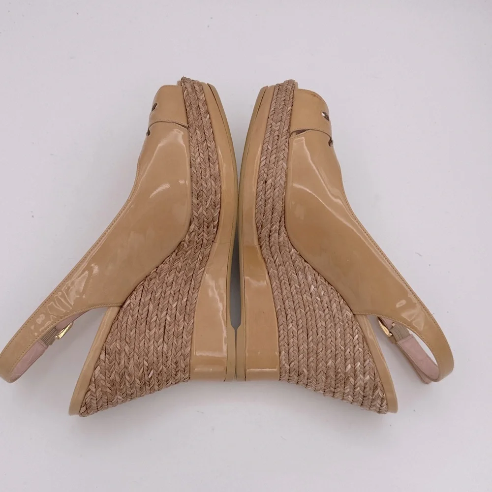 Stuart Weitzman women’s patent leather Tan Espadrille platform sandals shoes 8.5